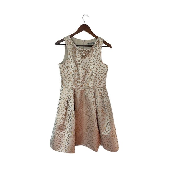 ELIZA J Blush Pink Champagne Fit & Flare Rhinestone Polka Dot Pockets Dress Sz 6 - Picture 1 of 3